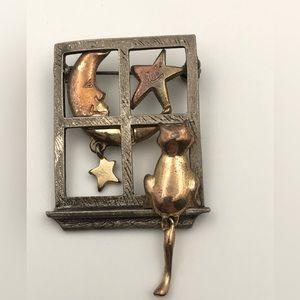 Vintage Cat, Moon, and Stars Dangling Gold & Silver Tone Brooch
